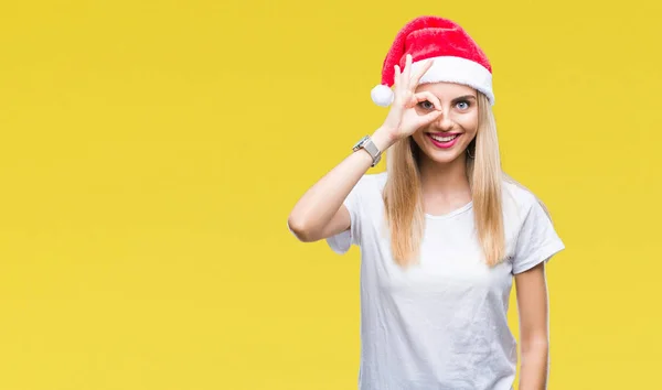 Jovem Linda Mulher Loira Chapéu Natal Sobre Fundo Isolado Fazendo — Fotografia de Stock