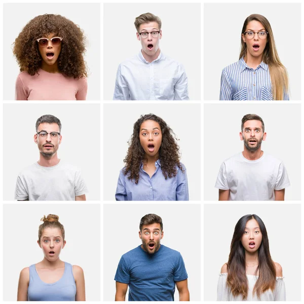 Kolaż Grupy Młodych Kobiet Mężczyzn Tle Biały Portret Przestraszony Wstrząśnięty — Zdjęcie stockowe
