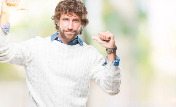 Handsome Hispanic Man Model Wearing Winter Sweater Isolated Background Looking — Stock Photo, Image