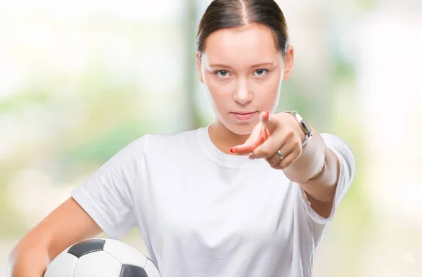 Young Beautiful Caucasian Woman Holding Soccer Football Ball Isolated Background — Stock Photo, Image