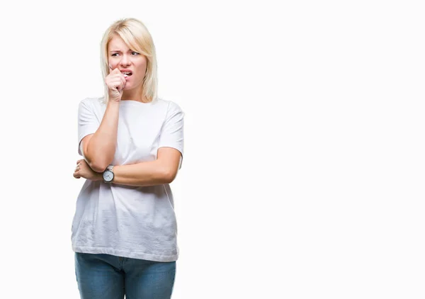 Junge Schöne Blonde Frau Die Weißes Shirt Über Isoliertem Hintergrund — Stockfoto