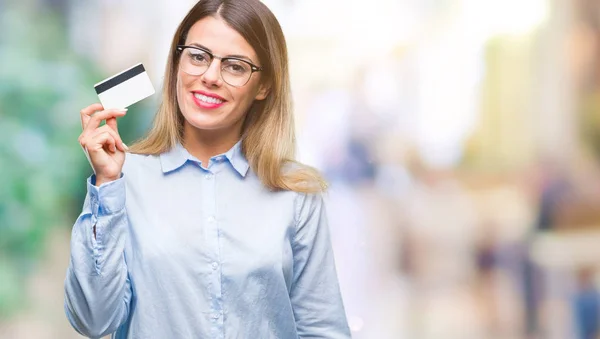 Young Beautiful Business Woman Holding Credit Card Isolated Background Happy — Stock Photo, Image