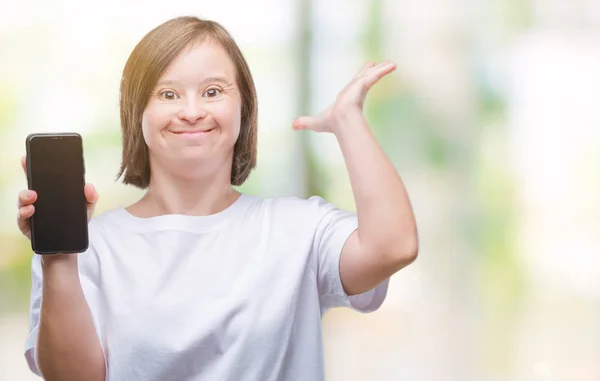 Young Adult Woman Syndrome Showing Smartphone Screen Isolated Background Very — Stock Photo, Image