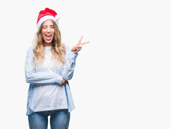 Schöne Junge Blonde Frau Mit Weihnachtsmütze Über Isoliertem Hintergrund Lächelnd — Stockfoto
