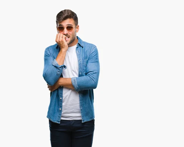 Young Handsome Man Wearing Sunglasses Isolated Background Looking Stressed Nervous — Stock Photo, Image
