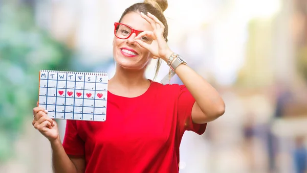 Giovane Bella Donna Che Tiene Calendario Mestruale Sfondo Isolato Con — Foto Stock