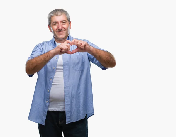 Pěkný Starší Muž Izolované Pozadí Úsměvem Lásce Zobrazující Symbol Srdce — Stock fotografie