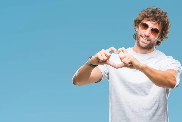 Handsome Hispanic Model Man Wearing Sunglasses Isolated Background Smiling Love — Stock Photo, Image