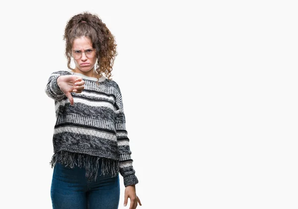 Bella Bruna Capelli Ricci Ragazza Indossa Occhiali Sfondo Isolato Cercando — Foto Stock