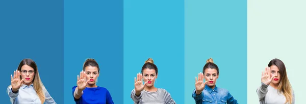 Collage Van Jonge Mooie Vrouw Geïsoleerde Achtergrond Blauwe Strepen Stop — Stockfoto