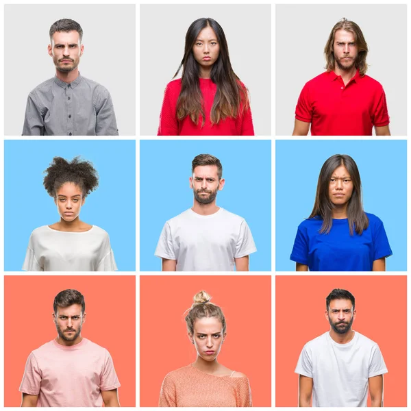 Collage Grupp Ungdomar Över Färgglada Isolerade Bakgrund Skeptiker Och Nervös — Stockfoto