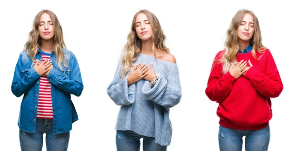 Beyaz izole arka plan ile gülümseyen genç güzel genç kadın kapalı gözler ve yüzünde minnettar jest ile göğüs üzerinde eller. Sağlık kavramı.