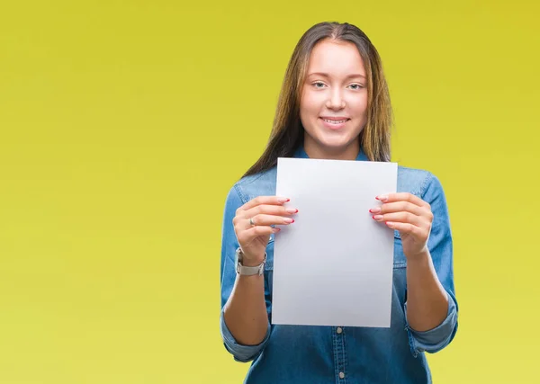 Young Caucasian Woman Holding Blank Paper Sheet Isolated Background Happy — Stock Photo, Image