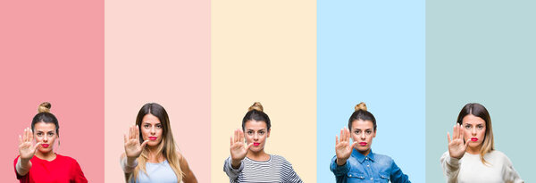 Collage of young beautiful woman over colorful vintage stripes isolated background doing stop sing with palm of the hand. Warning expression with negative and serious gesture on the face.