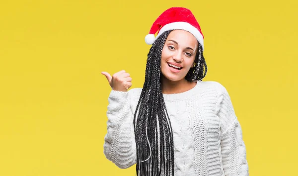 Jovem Trançado Cabelo Afro Americano Menina Vestindo Chapéu Natal Sobre — Fotografia de Stock