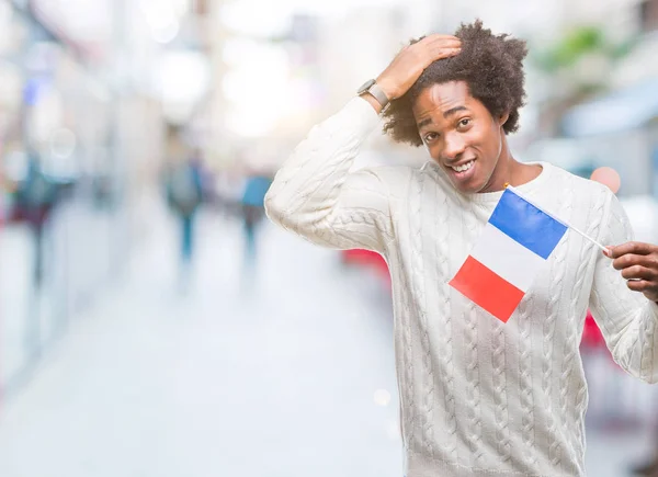 Afro Americký Muž Vlajka Francie Izolované Pozadí Zdůraznil Rukou Hlavě — Stock fotografie