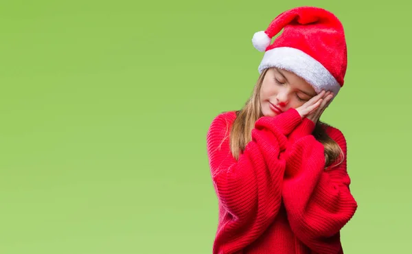 Joven Hermosa Chica Con Sombrero Navidad Sobre Fondo Aislado Durmiendo — Foto de Stock