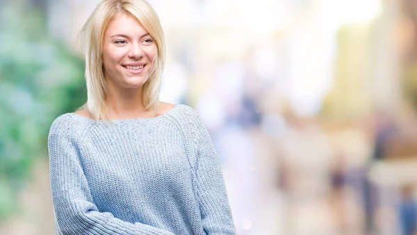 Jovem Mulher Loira Bonita Vestindo Camisola Inverno Sobre Fundo Isolado — Fotografia de Stock