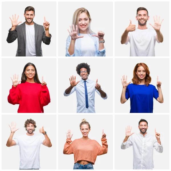 Collage Gruppo Giovani Donne Uomini Sfondo Isolato Mostrando Indicando Con — Foto Stock