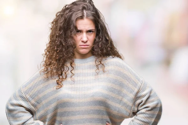 Bella Bruna Capelli Ricci Ragazza Che Indossa Maglione Invernale Sfondo — Foto Stock