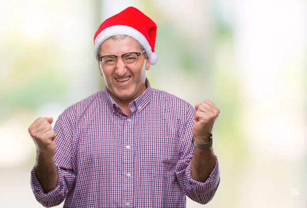 笑顔と成功のために叫んで 上クリスマス帽子をかぶっているハンサムな年配の男性は非常に幸せと興奮の腕を上げ 勝者のジェスチャを行う背景を分離しました お祝いのコンセプト — ストック写真
