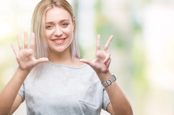 Young Blonde Woman Isolated Background Showing Pointing Fingers Number Eight — Stock Photo, Image