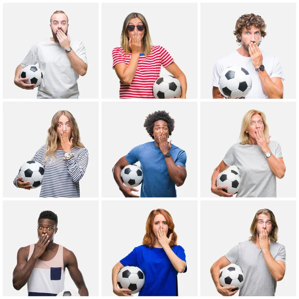 Collage of group of young and senior people holding soccer ball over isolated background cover mouth with hand shocked with shame for mistake, expression of fear, scared in silence, secret concept
