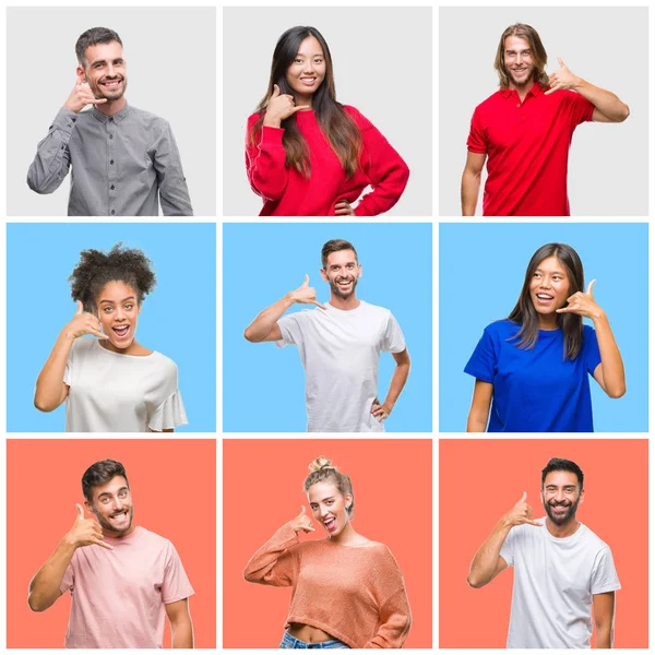 Collage Group Young People Colorful Isolated Background Smiling Doing Phone — Stock Photo, Image