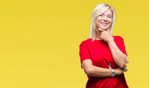 Junge Schöne Blonde Frau Mit Rotem Shirt Vor Isoliertem Hintergrund — Stockfoto