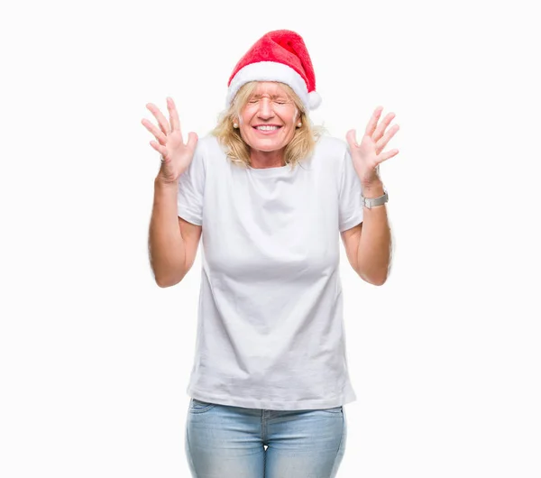 Mujer Rubia Mediana Edad Con Sombrero Navidad Sobre Fondo Aislado —  Fotos de Stock