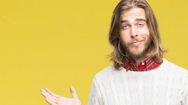 Joven Hombre Guapo Con Pelo Largo Usando Suéter Invierno Sobre — Foto de Stock