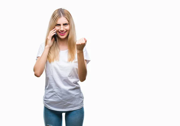 Young Beautiful Blonde Woman Talking Using Smartphone Isolated Background Screaming — Stock Photo, Image