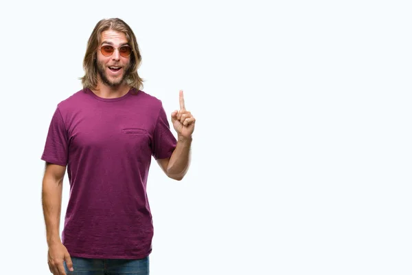 Young Handsome Man Long Hair Wearing Sunglasses Isolated Background Pointing — Stock Photo, Image