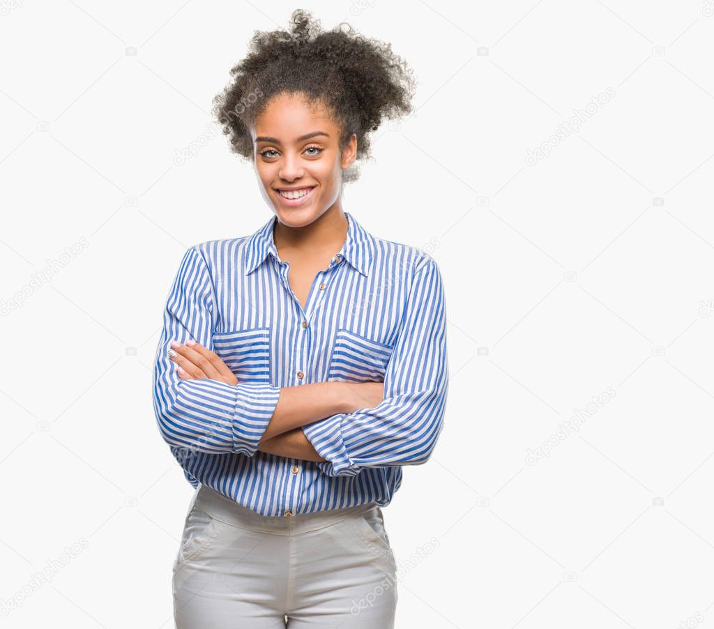 Young afro american woman over isolated background happy face smiling with crossed arms looking at the camera. Positive person.