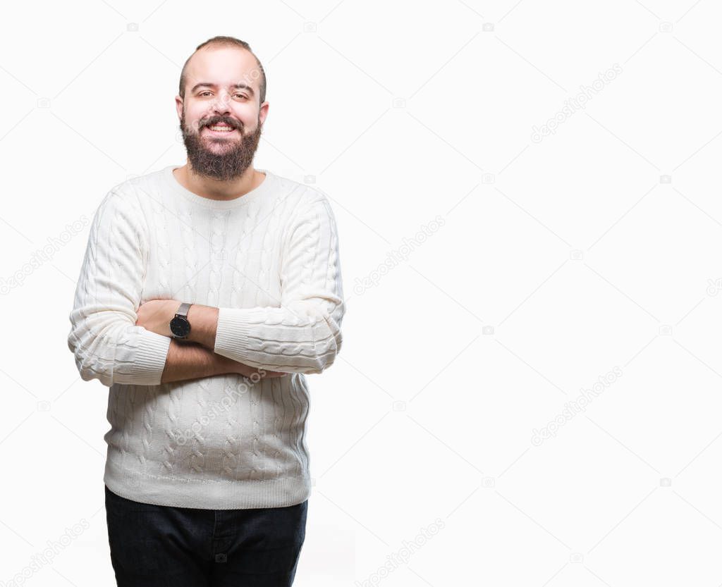 Young caucasian hipster man wearing winter sweater over isolated background happy face smiling with crossed arms looking at the camera. Positive person.