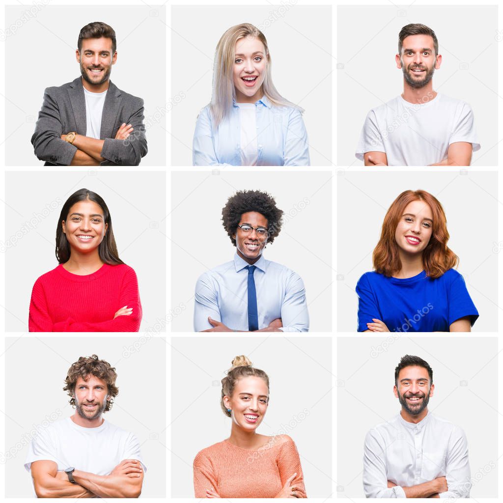 Collage of group of young people woman and men over isolated background happy face smiling with crossed arms looking at the camera. Positive person.