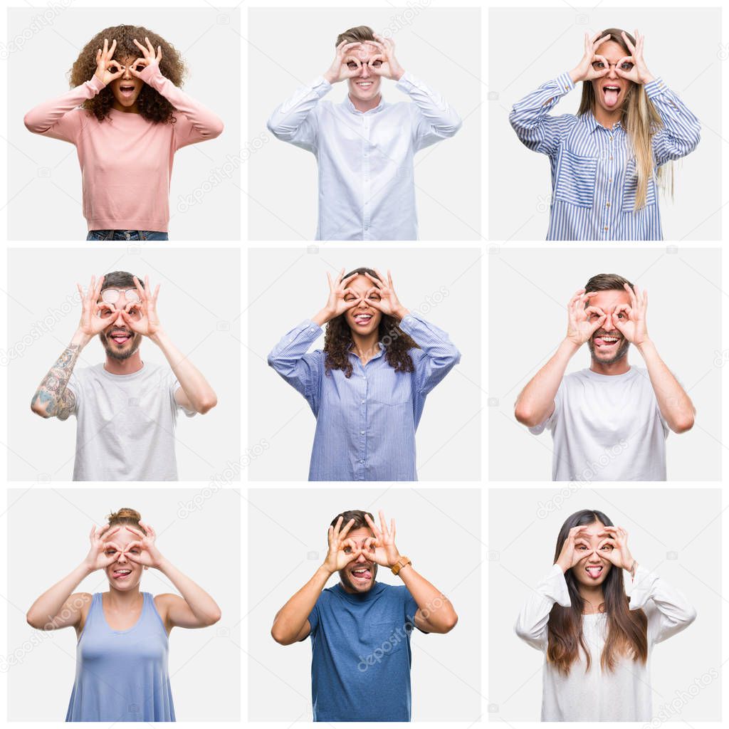 Collage of group of young people woman and men over white solated background doing ok gesture like binoculars sticking tongue out, eyes looking through fingers. Crazy expression.