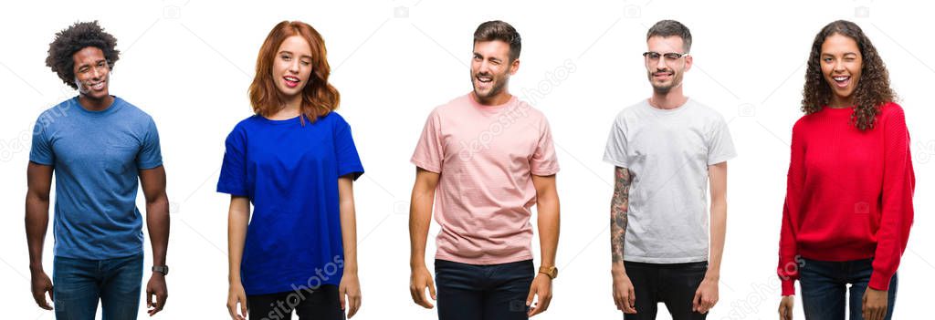 Composition of african american, hispanic and caucasian group of people over isolated white background winking looking at the camera with sexy expression, cheerful and happy face.