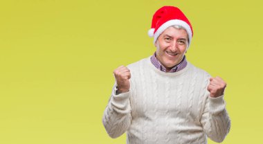 Üst düzey yakışıklı Noel şapka üzerinde arka plan çok mutlu ve heyecanlı kaldırdı, silah ile kazanan jest yapıyor gülümseyen ve başarı için çığlık izole. Kutlama kavramı.