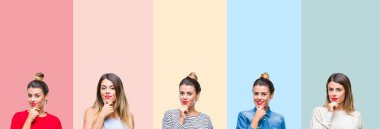 Renkli vintage genç güzel kadın kolaj emin çapraz kollar ve çeneme kaldırdı el ile gülümseme ile kameraya bakarak izole arka plan şeritler. Pozitif düşünce.