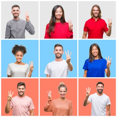 Kolaj Grup gösterilen ve parmakları ile işaret renkli izole arka plan üzerinde genç insan kendinden emin ve mutlu gülümseyerek iken üçüncü.
