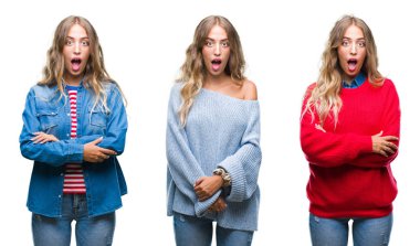 Genç güzel genç kadın beyaz izole arka plan korkuyor ve sürpriz ifade ile şok yüzünden korku ve yüz heyecanlı.