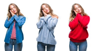 Uyku yorgun hayal ve eller ile birlikte kapalı gözlerle gülümseyerek poz beyaz izole arka plan üzerinde genç güzel ve genç birbayan.