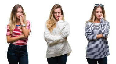 Kolaj stresli ve gergin ile izole arka plan üzerinde genç güzel sarışın kadının tırnak ısırma dudaklarından eller. Anksiyete sorunu.