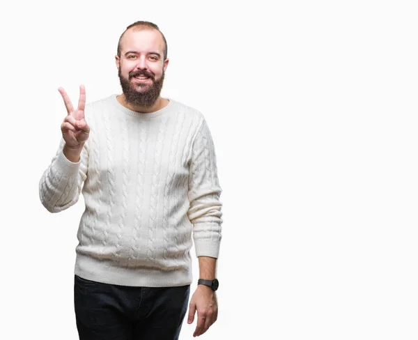 Unga Kaukasiska Hipster Mannen Iförd Vinter Tröja Över Isolerade Bakgrund — Stockfoto