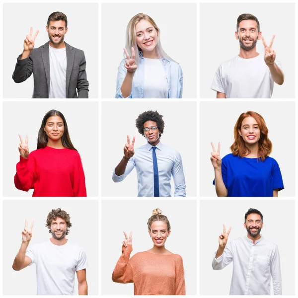 Collage Group Young People Woman Men Isolated Background Showing Pointing — Stock Photo, Image