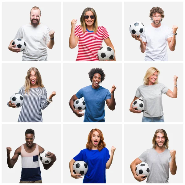 Collage Grupo Jóvenes Personas Mayores Sosteniendo Pelota Fútbol Sobre Fondo —  Fotos de Stock