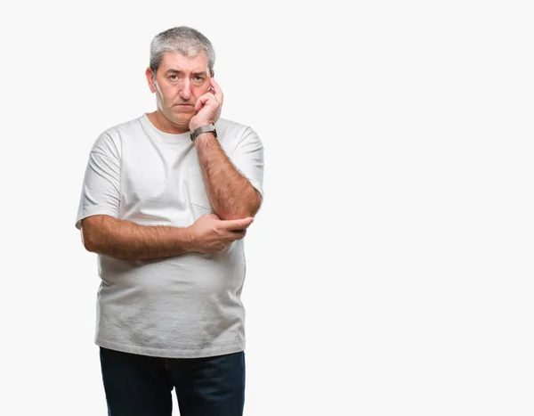 Bonito Homem Sênior Sobre Fundo Isolado Pensando Parecendo Cansado Entediado — Fotografia de Stock