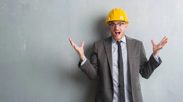 Young Redhead Man Wearing Architect Outfit Helment Very Happy Excited — Stock Photo, Image