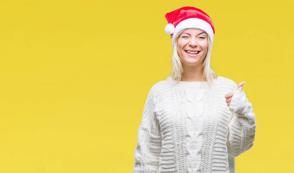 Молода Красива Блондинка Різдвяному Капелюсі Над Ізольованим Тлом Робить Щасливі — стокове фото